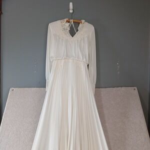 Vintage Ivory Lace Trim Pleated Maxi Dress Formal Evening Wedding